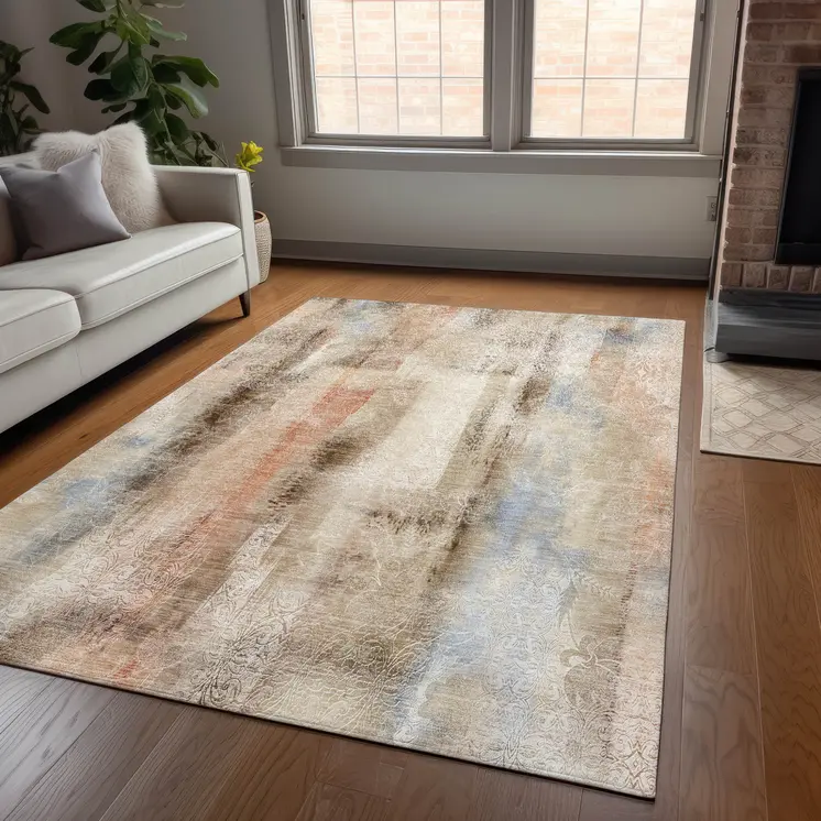 8' X 10' Beige and Brown Washable Non Skid Indoor Outdoor Area Rug