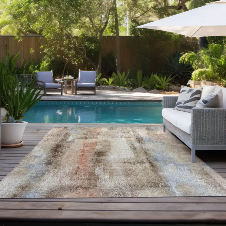 8' X 10' Beige and Brown Washable Non Skid Indoor Outdoor Area Rug