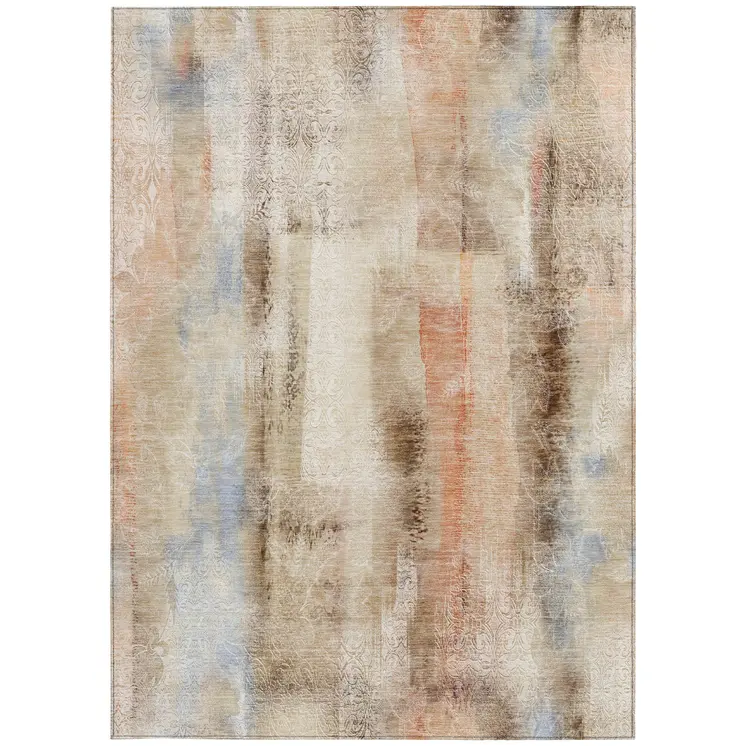9' X 12' Beige and Brown Washable Non Skid Indoor Outdoor Area Rug
