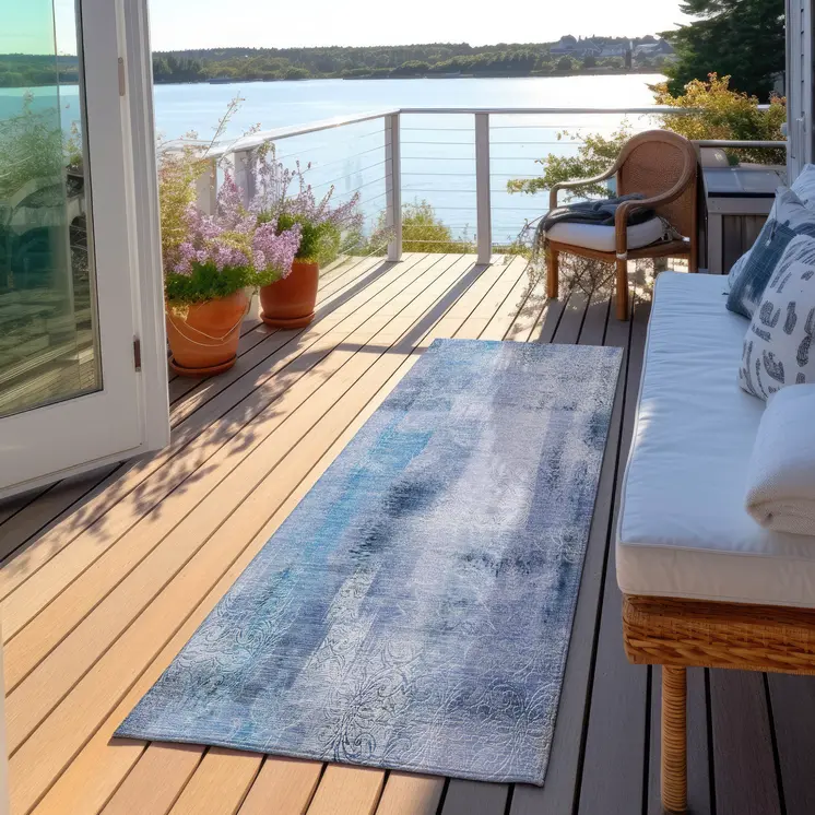 8' Runner Blue Washable Non Skid Indoor Outdoor Runner Rug