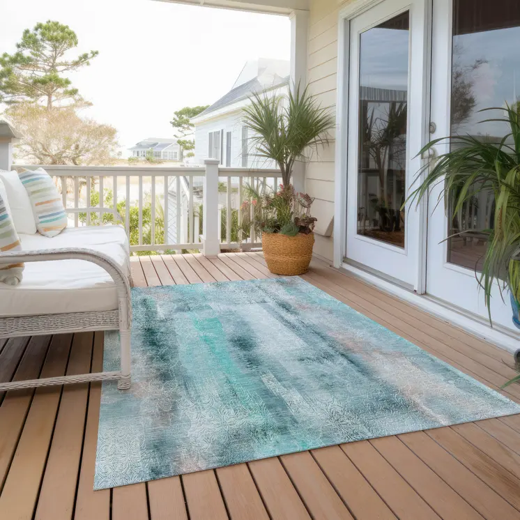 9' X 12' Teal Washable Non Skid Indoor Outdoor Area Rug