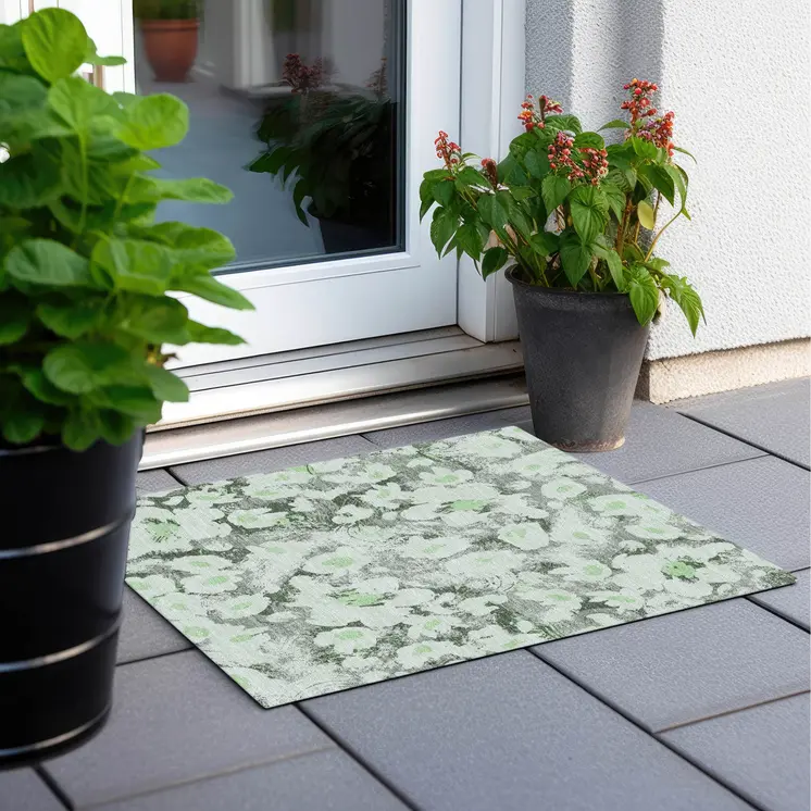 2' X 3' Artichoke Green Floral Washable Non Skid Indoor Outdoor Area Rug