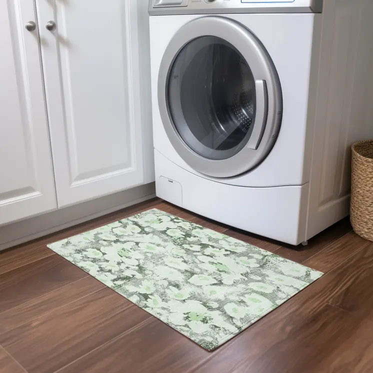 2' X 3' Artichoke Green Floral Washable Non Skid Indoor Outdoor Area Rug