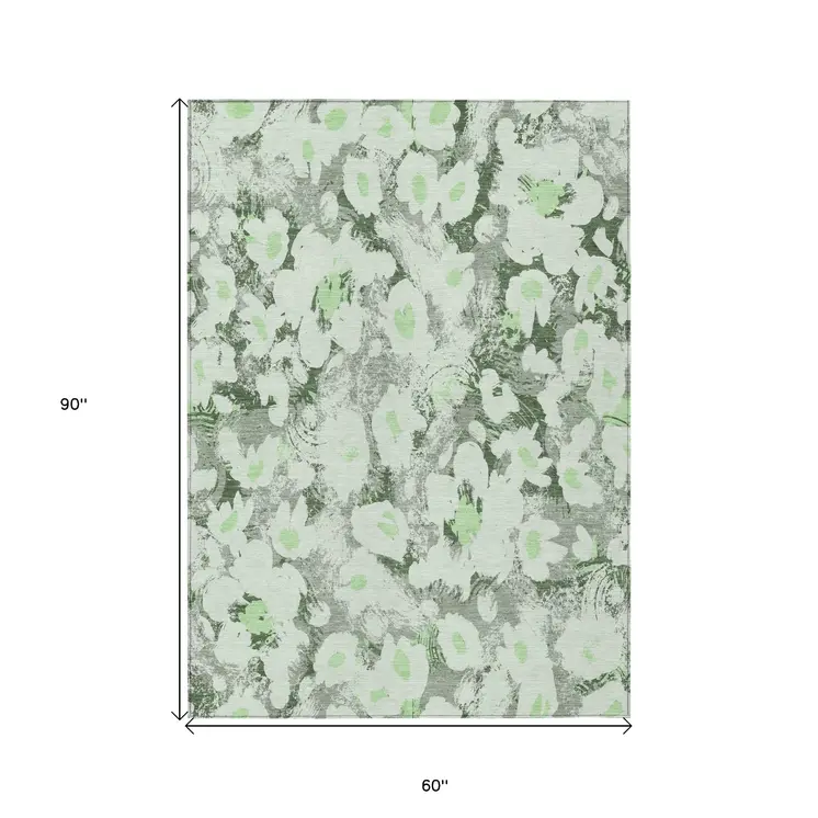 5' X 8' Artichoke Green Floral Washable Non Skid Indoor Outdoor Area Rug