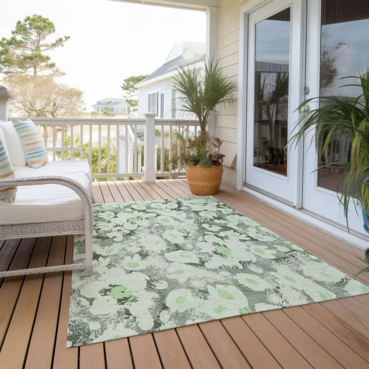 9' X 12' Artichoke Green Floral Washable Non Skid Indoor Outdoor Area Rug