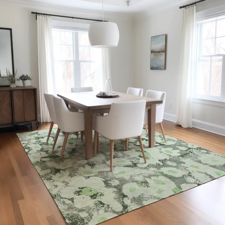 9' X 12' Artichoke Green Floral Washable Non Skid Indoor Outdoor Area Rug