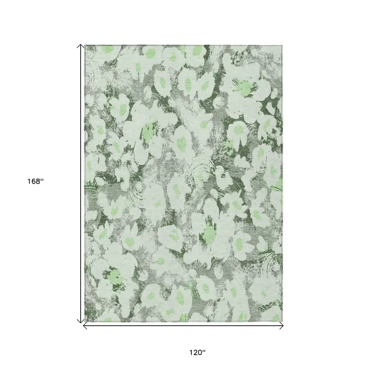10' X 14' Artichoke Green Floral Washable Non Skid Indoor Outdoor Area Rug