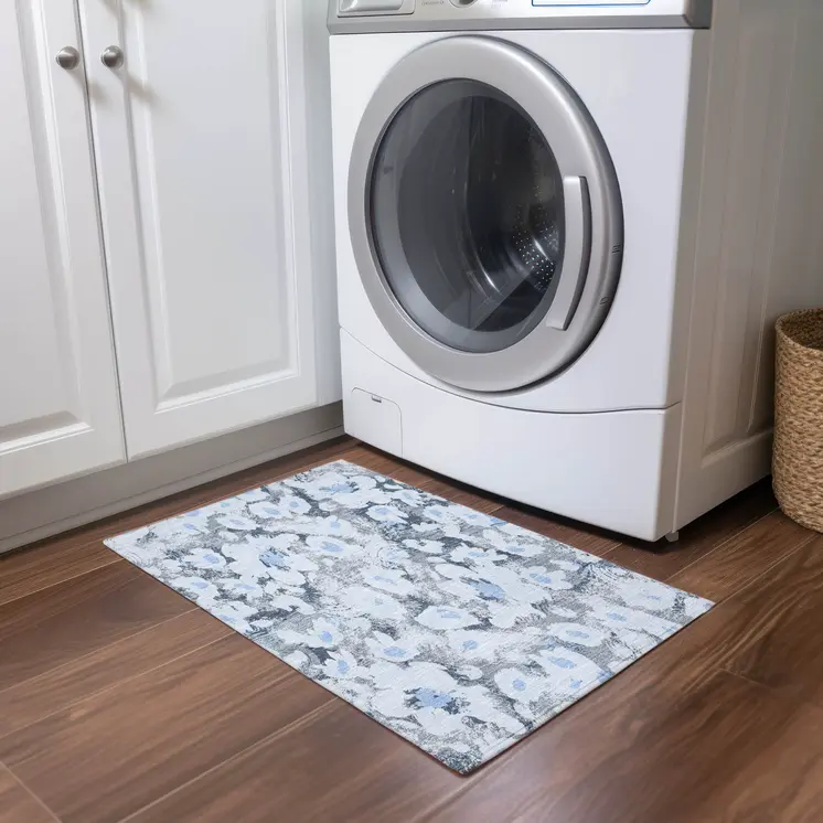 2' X 3' Denim Blue Floral Washable Non Skid Indoor Outdoor Area Rug