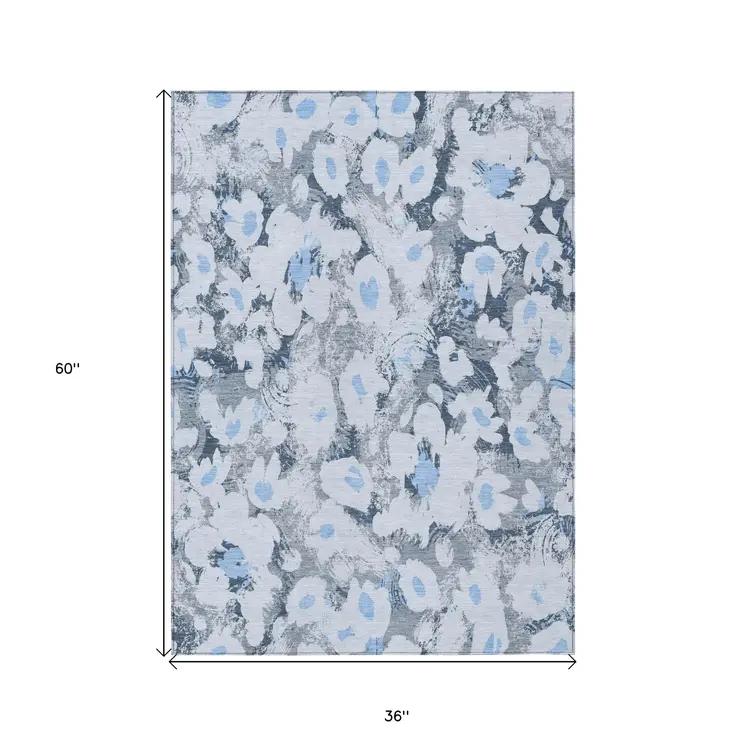 3' X 5' Denim Blue Floral Washable Non Skid Indoor Outdoor Area Rug