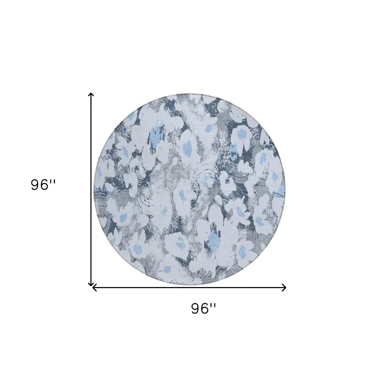 8' Round Denim Blue Round Floral Washable Non Skid Indoor Outdoor Area Rug