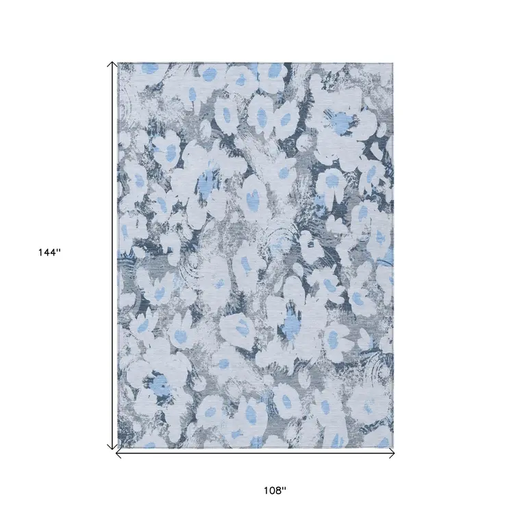 9' X 12' Denim Blue Floral Washable Non Skid Indoor Outdoor Area Rug