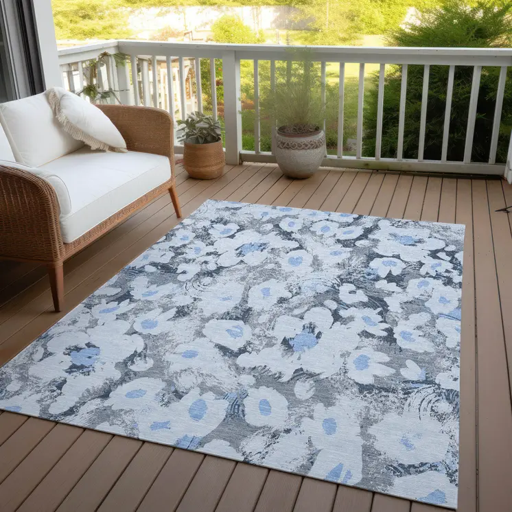 9' X 12' Denim Blue Floral Washable Non Skid Indoor Outdoor Area Rug