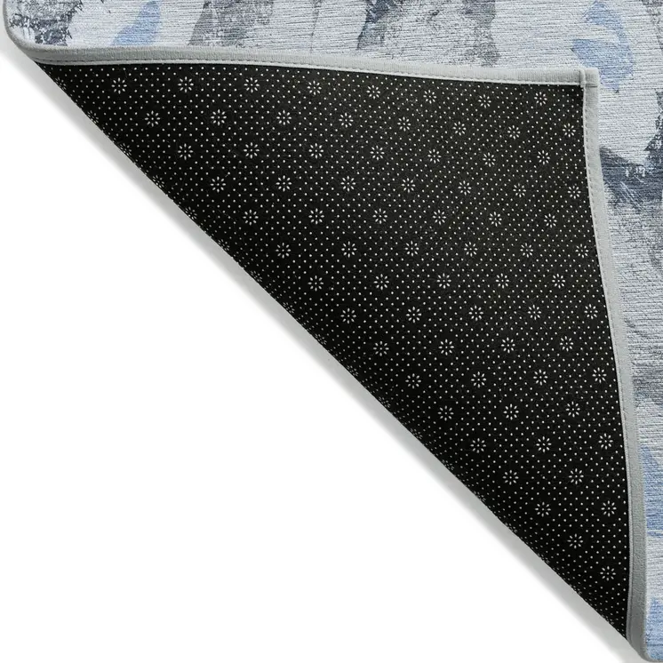 9' X 12' Denim Blue Floral Washable Non Skid Indoor Outdoor Area Rug