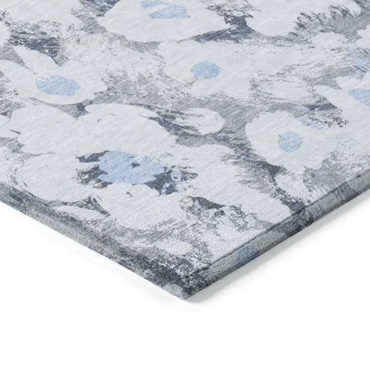 9' X 12' Denim Blue Floral Washable Non Skid Indoor Outdoor Area Rug