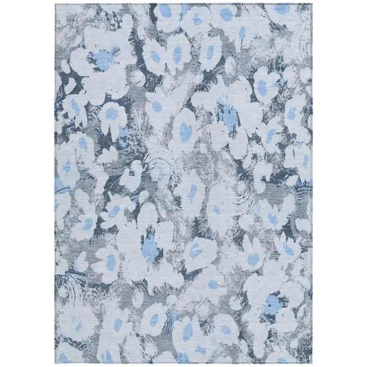 9' X 12' Denim Blue Floral Washable Non Skid Indoor Outdoor Area Rug