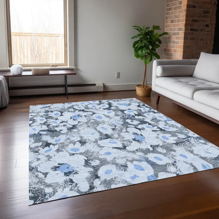 9' X 12' Denim Blue Floral Washable Non Skid Indoor Outdoor Area Rug