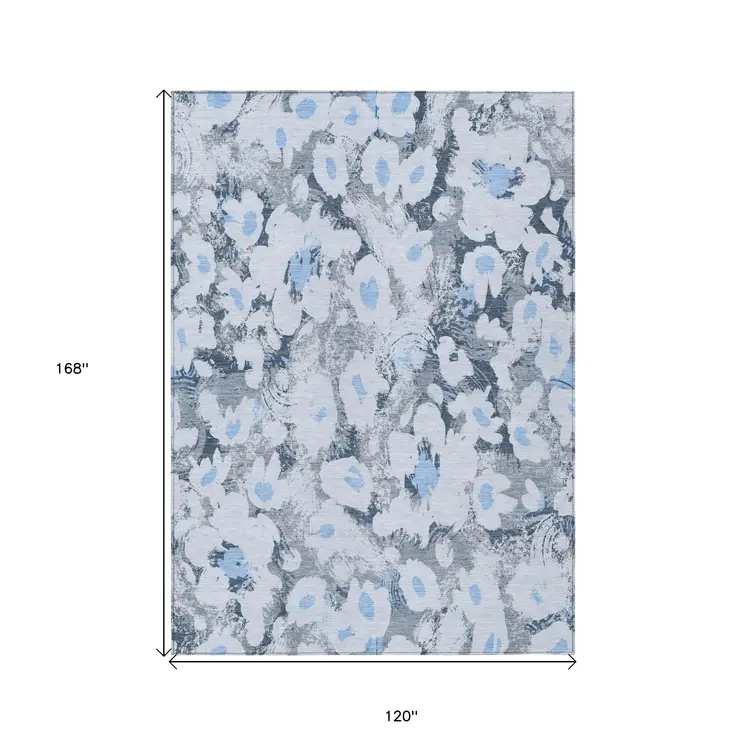 10' X 14' Denim Blue Floral Washable Non Skid Indoor Outdoor Area Rug
