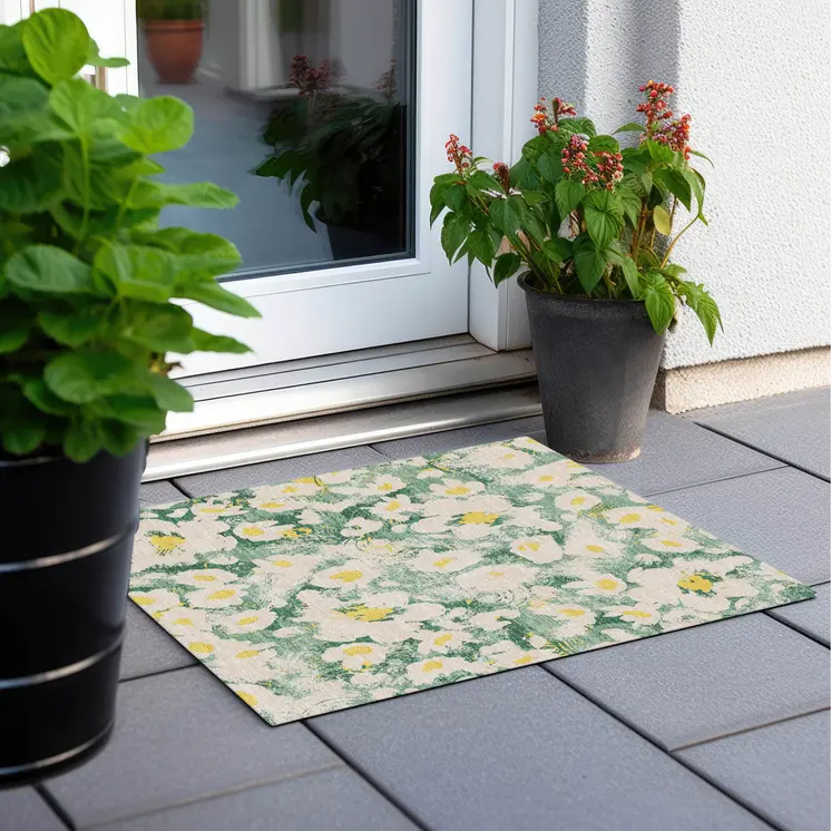 2' X 3' Green Floral Washable Non Skid Indoor Outdoor Area Rug