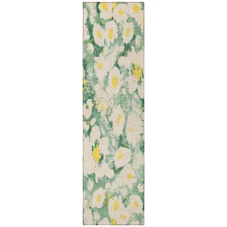8' Runner Green Floral Washable Non Skid Indoor Outdoor Runner Rug