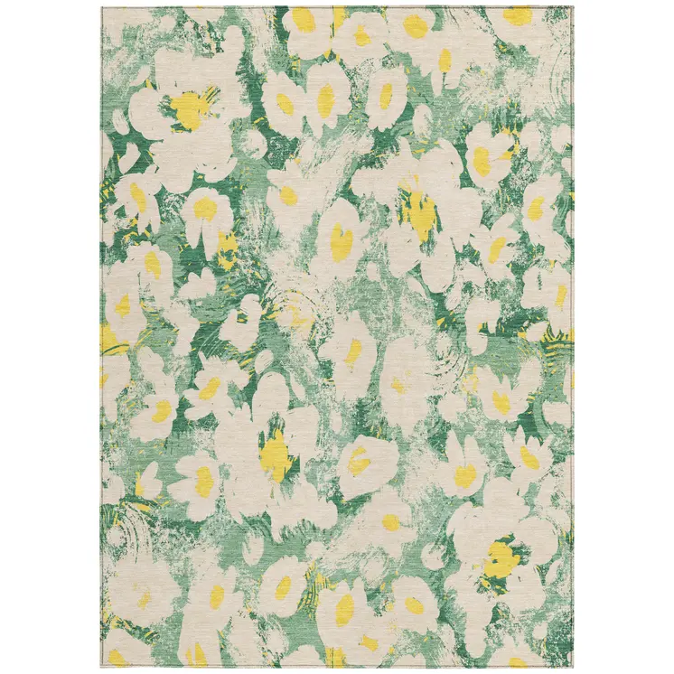 3' X 5' Green Floral Washable Non Skid Indoor Outdoor Area Rug