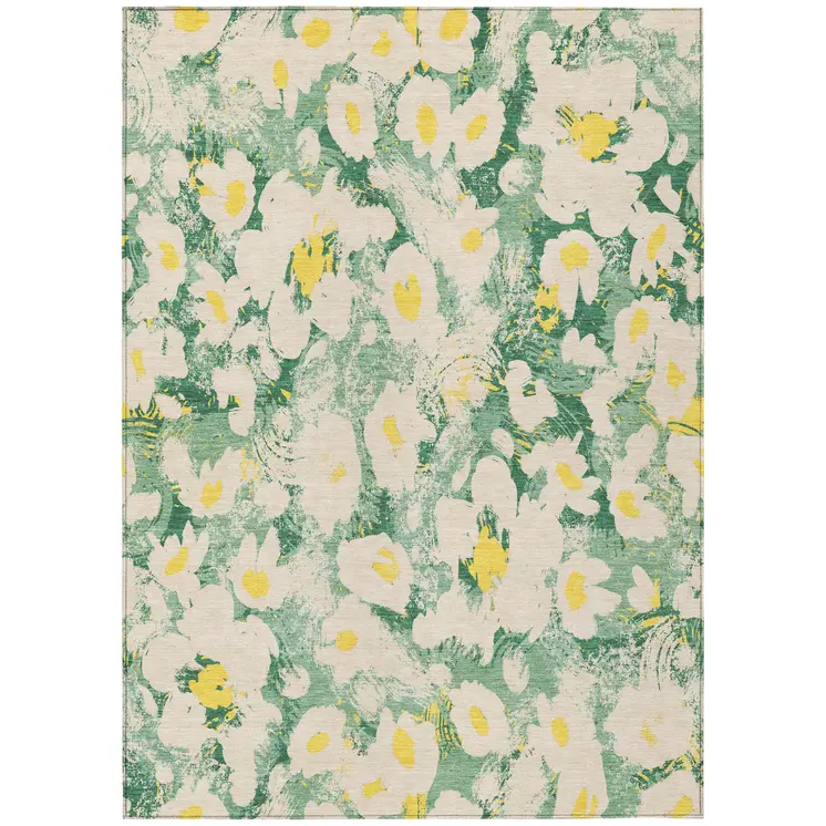 3' X 5' Green Floral Washable Non Skid Indoor Outdoor Area Rug