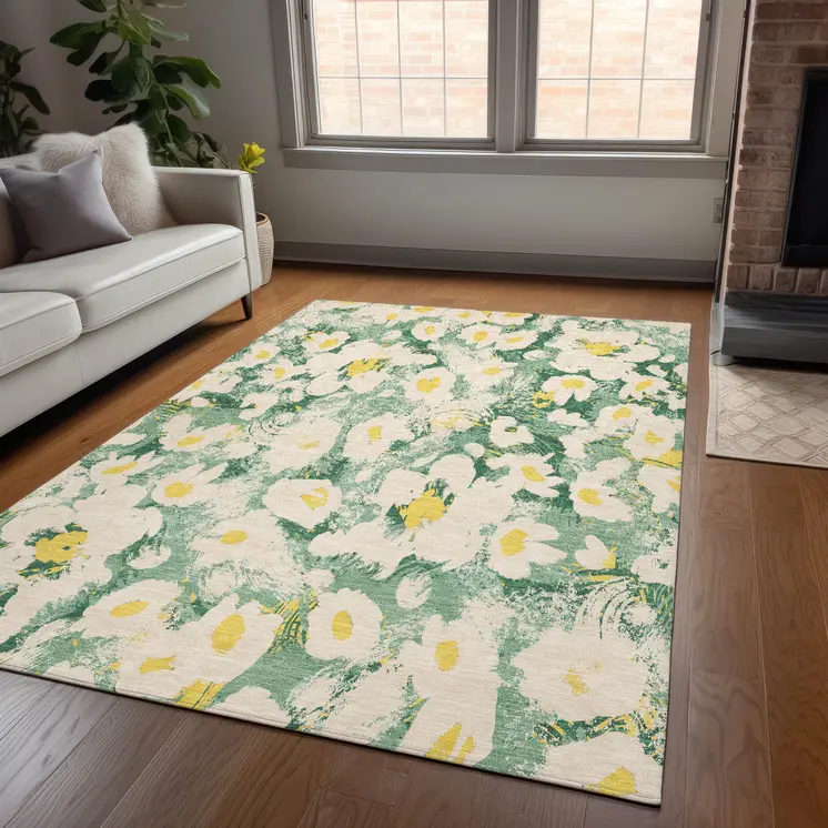 3' X 5' Green Floral Washable Non Skid Indoor Outdoor Area Rug