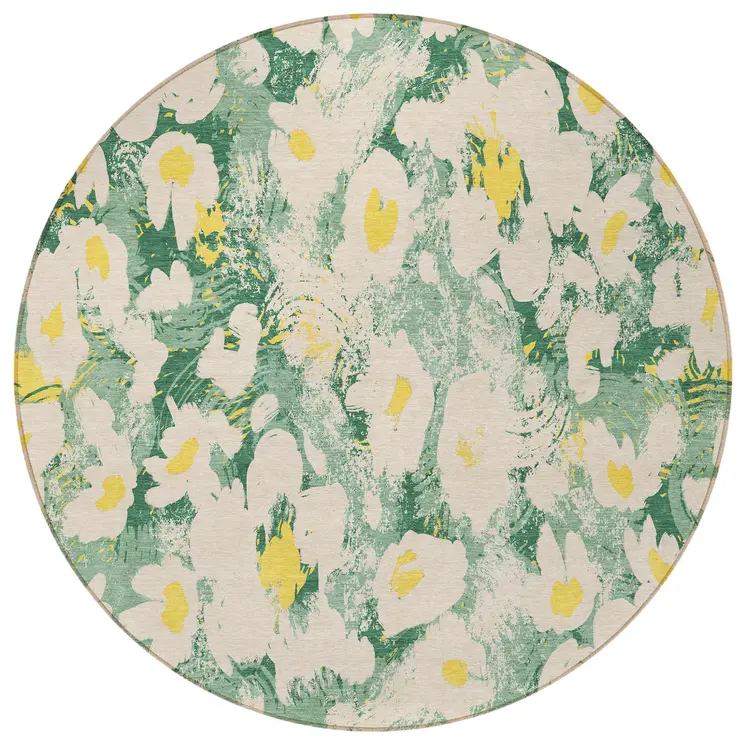 8' Round Green Round Floral Washable Non Skid Indoor Outdoor Area Rug