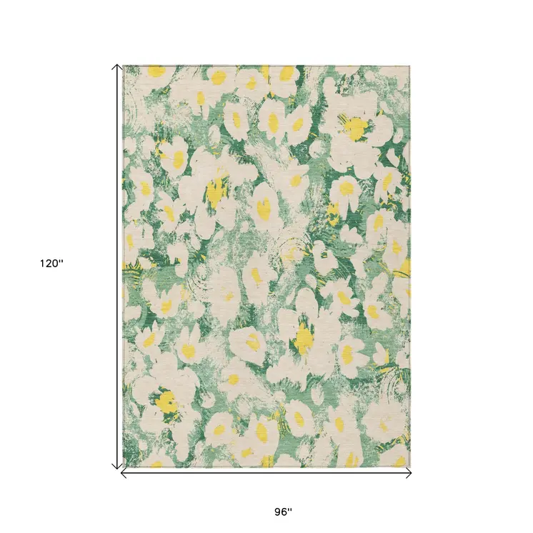 8' X 10' Green Floral Washable Non Skid Indoor Outdoor Area Rug