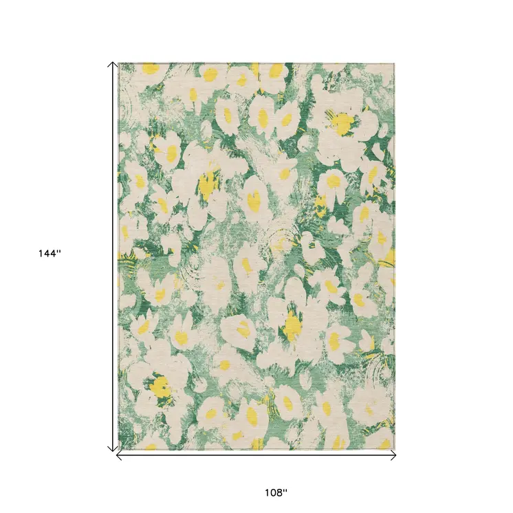 9' X 12' Green Floral Washable Non Skid Indoor Outdoor Area Rug