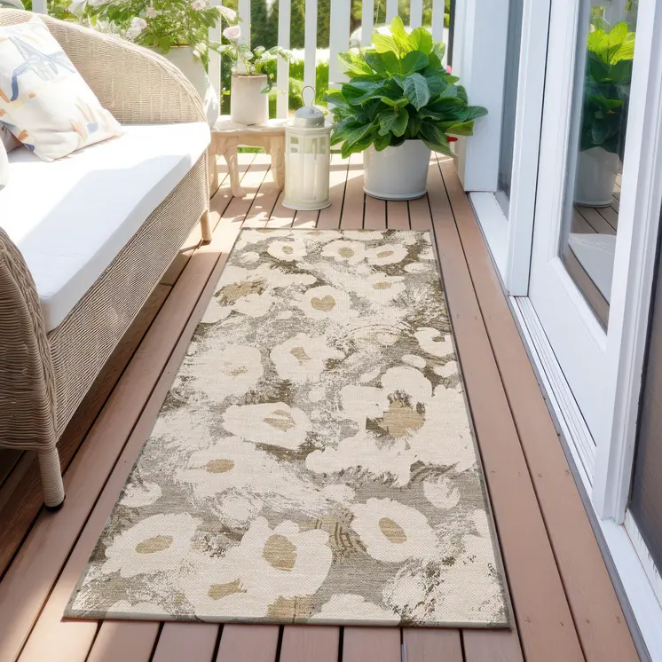 8' Runner Khaki Floral Washable Non Skid Indoor Outdoor Runner Rug
