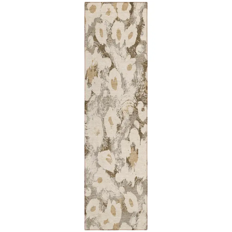 8' Runner Khaki Floral Washable Non Skid Indoor Outdoor Runner Rug