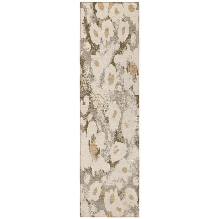 8' Runner Khaki Floral Washable Non Skid Indoor Outdoor Runner Rug