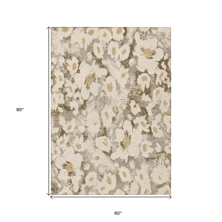 5' X 8' Khaki Floral Washable Non Skid Indoor Outdoor Area Rug