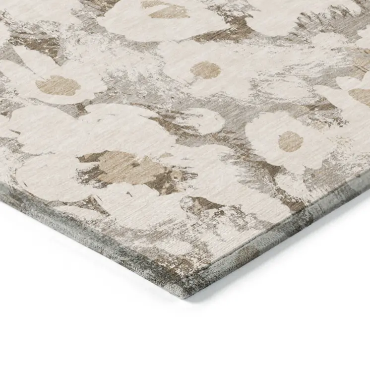 5' X 8' Khaki Floral Washable Non Skid Indoor Outdoor Area Rug