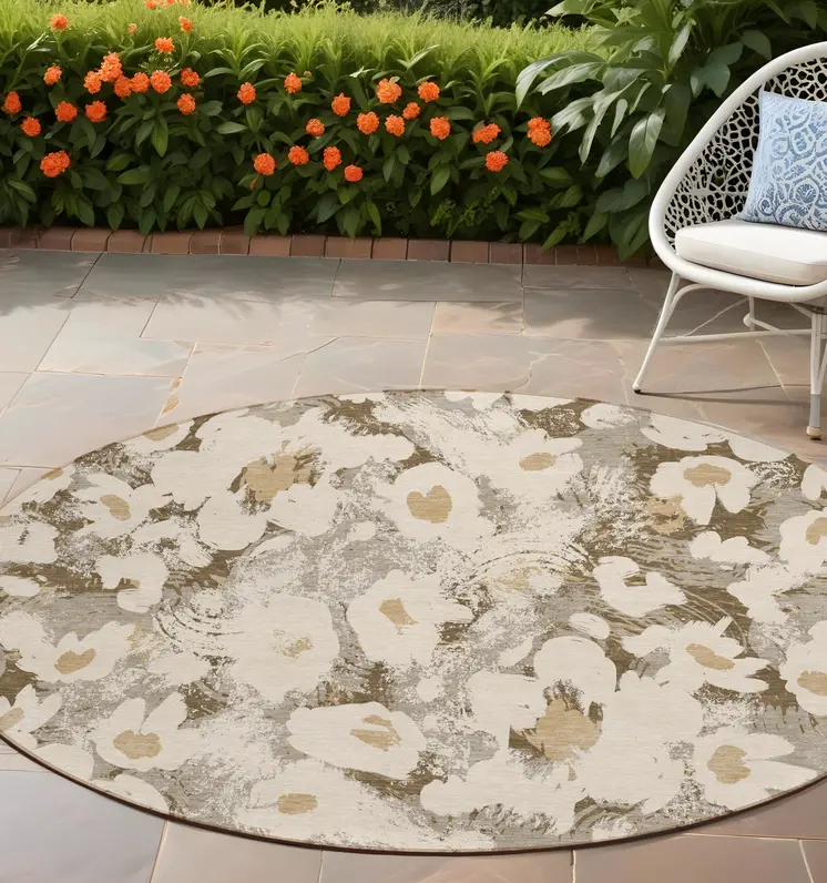8' Round Khaki Round Floral Washable Non Skid Indoor Outdoor Area Rug