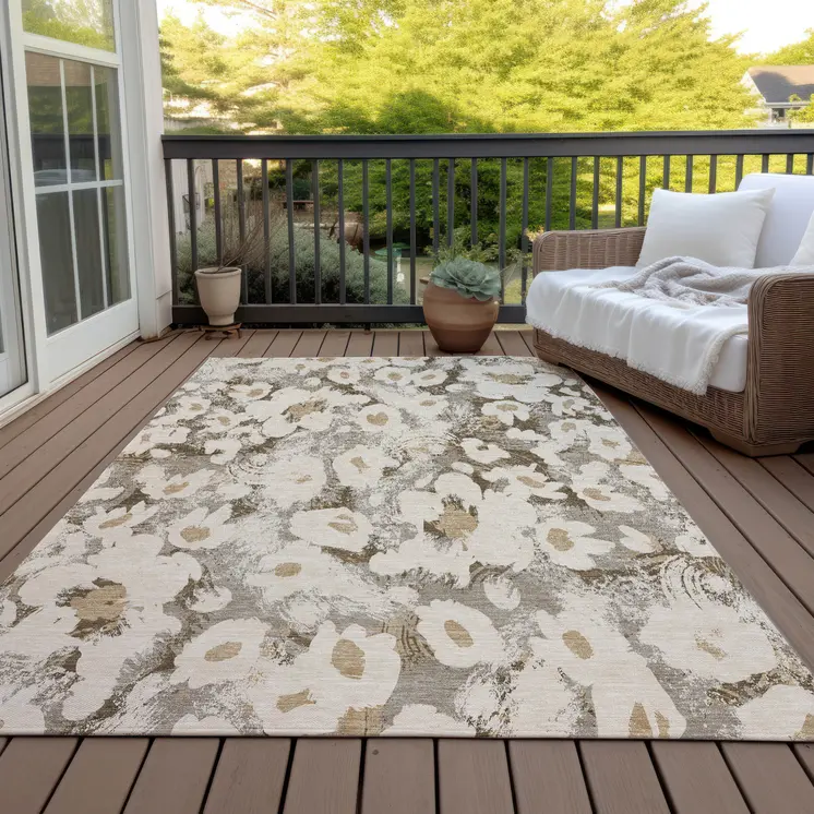 9' X 12' Khaki Floral Washable Non Skid Indoor Outdoor Area Rug