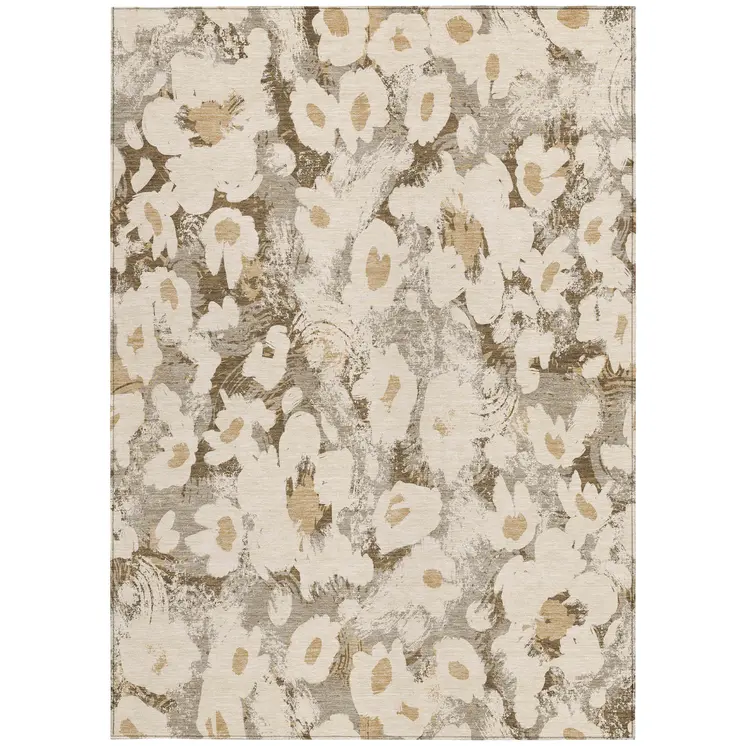 9' X 12' Khaki Floral Washable Non Skid Indoor Outdoor Area Rug