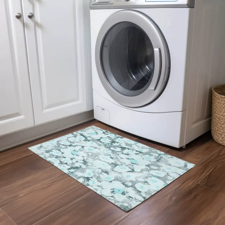 2' X 3' Teal Floral Washable Non Skid Indoor Outdoor Area Rug