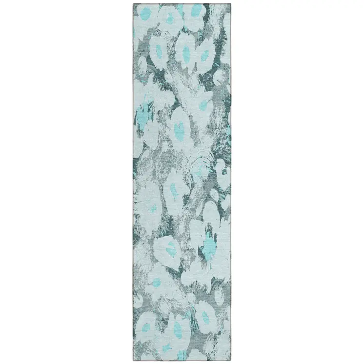 8' Runner Teal Floral Washable Non Skid Indoor Outdoor Runner Rug