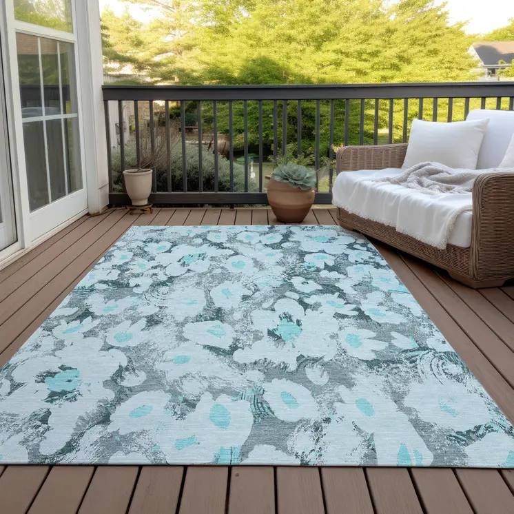 3' X 5' Teal Floral Washable Non Skid Indoor Outdoor Area Rug