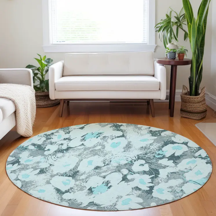 8' Round Teal Round Floral Washable Non Skid Indoor Outdoor Area Rug