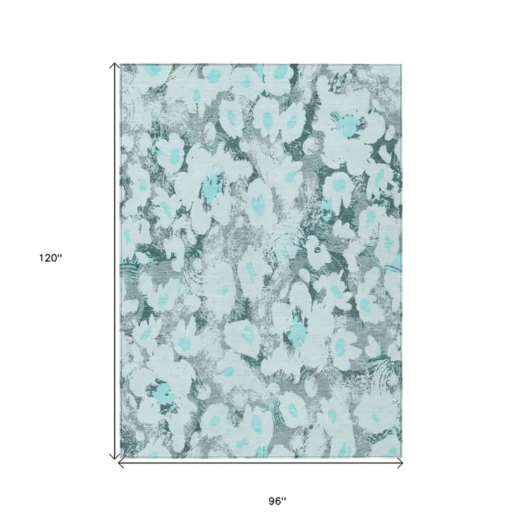 8' X 10' Teal Floral Washable Non Skid Indoor Outdoor Area Rug