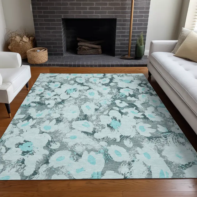 9' X 12' Teal Floral Washable Non Skid Indoor Outdoor Area Rug