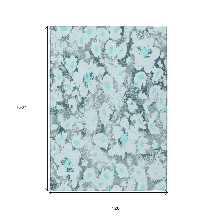 10' X 14' Teal Floral Washable Non Skid Indoor Outdoor Area Rug