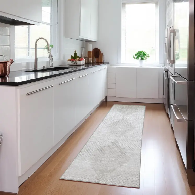 8' Runner Ivory Geometric Washable Non Skid Indoor Outdoor Runner Rug