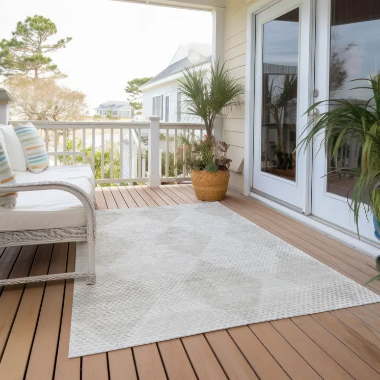 8' X 10' Ivory Geometric Washable Non Skid Indoor Outdoor Area Rug