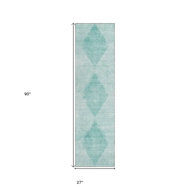 8' Runner Teal Geometric Washable Non Skid Indoor Outdoor Runner Rug