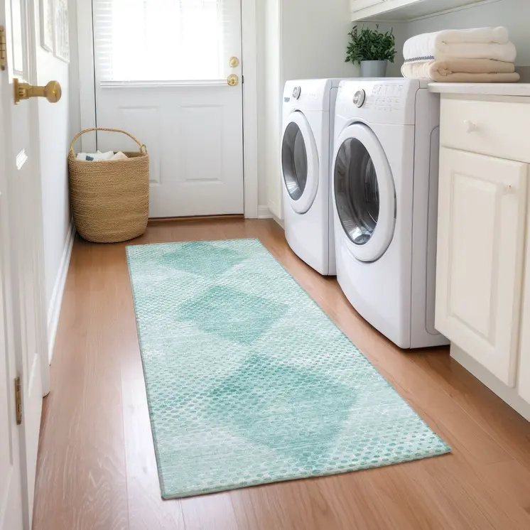 8' Runner Teal Geometric Washable Non Skid Indoor Outdoor Runner Rug