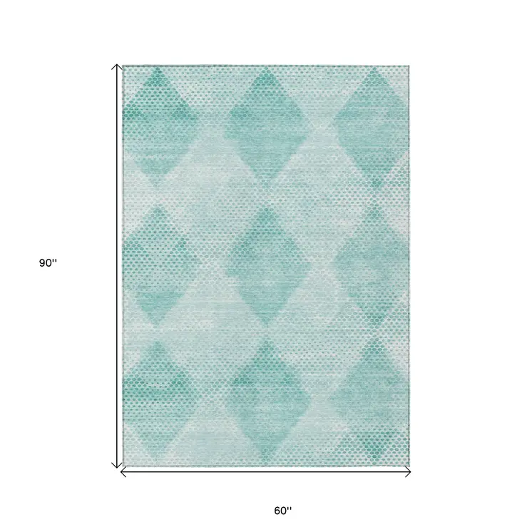 5' X 8' Teal Geometric Washable Non Skid Indoor Outdoor Area Rug