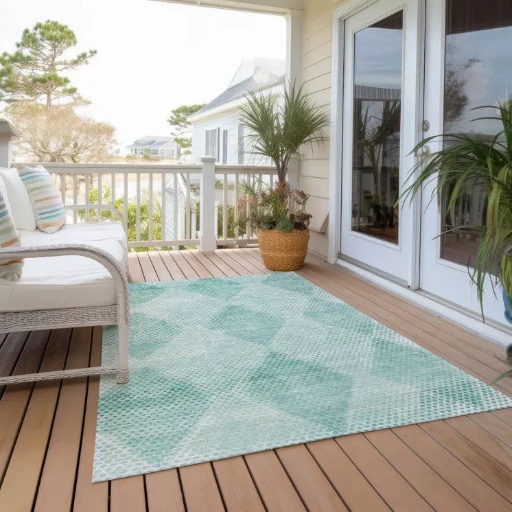 10' X 14' Teal Geometric Washable Non Skid Indoor Outdoor Area Rug